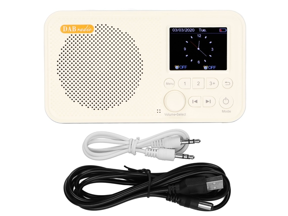 Rádio digital portátil com tela LCD de 2,4 polegadas e função de ajuste de hora.