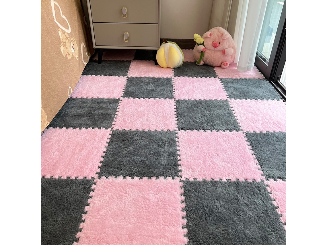 Tapete Para Brincar Chrui - 15 Peças De Quebra-cabeça De Pelúcia Em Formato De Quadrados - Rosa E Cinza