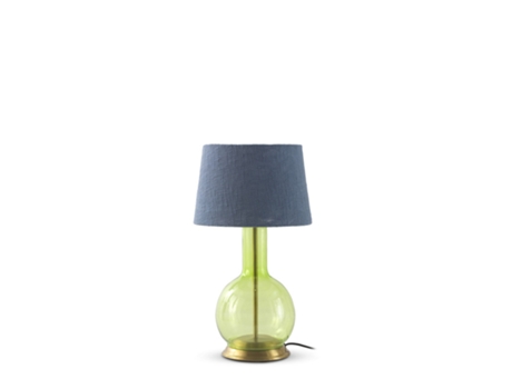 Candeeiro de Mesa de Vidro Verde com Abajur de Algodão Azul