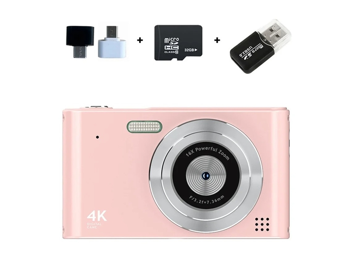 Mini Câmera Compacta Uhd 4k Câmera Digital Foco Automático Zoom 16x 32g Rosa
