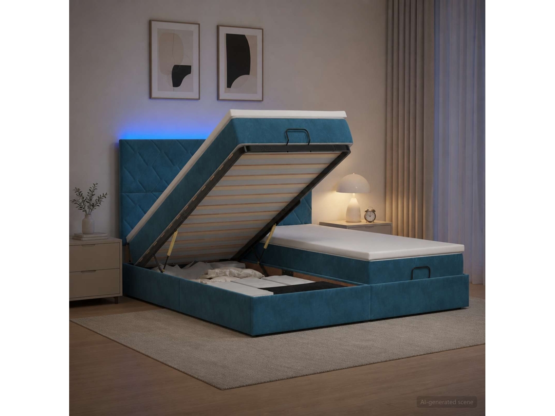 Vidaxl Cama Ottoman Com Colchão E Led Azul Escuro 180 X 200 Cm Veludo