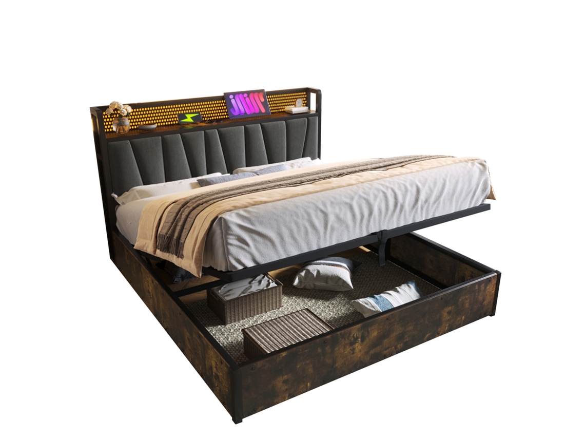 Cama de Casal Estofada com Controle por Aplicativo, led e Usb, estrutura de Metal 180x200 Cm em Cinza PAPRIKA