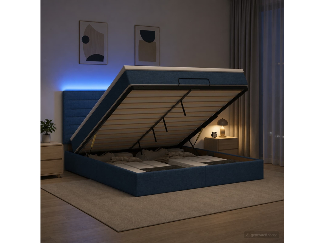 Vidaxl Cama Ottoman Com Colchão E Led Azul 140 X 200 Cm Tecido
