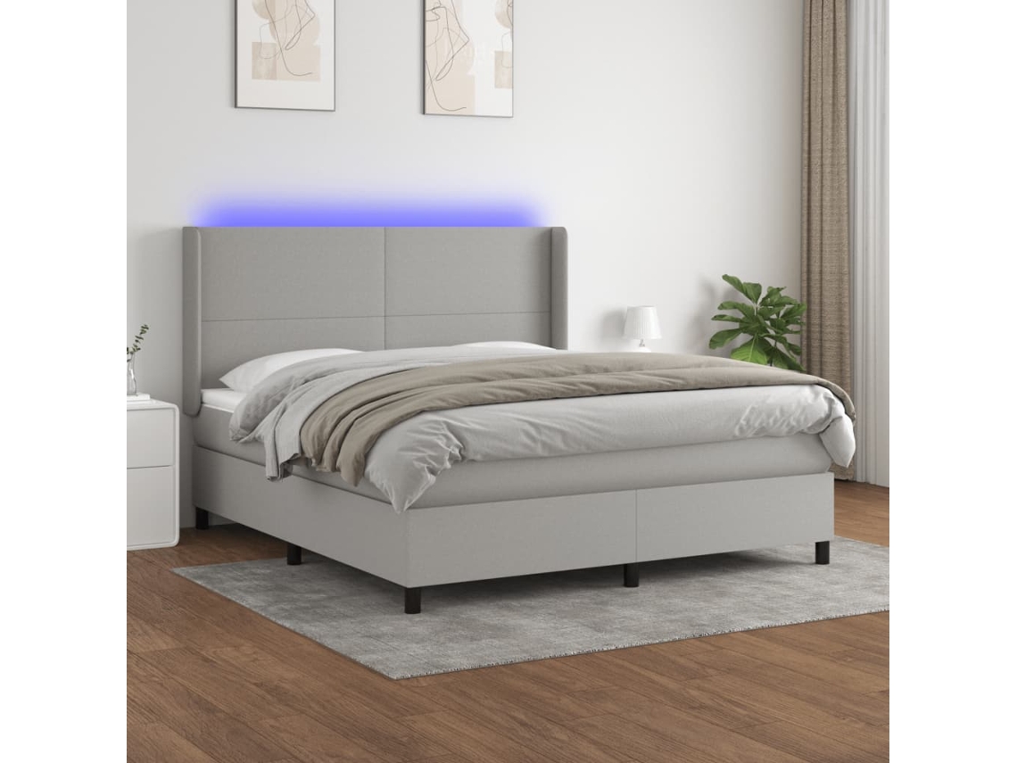 Vidaxl Cama Box Spring C/ Colchão E Led 160x200 Cm Tecido Cinza-claro