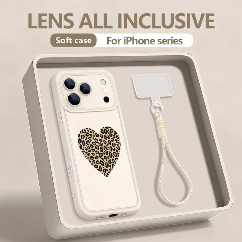 Capa Para Iphone 13 Pro Max Com Estampa De Leopardo E Corações (cor Off-white) E Alça De Pulso.