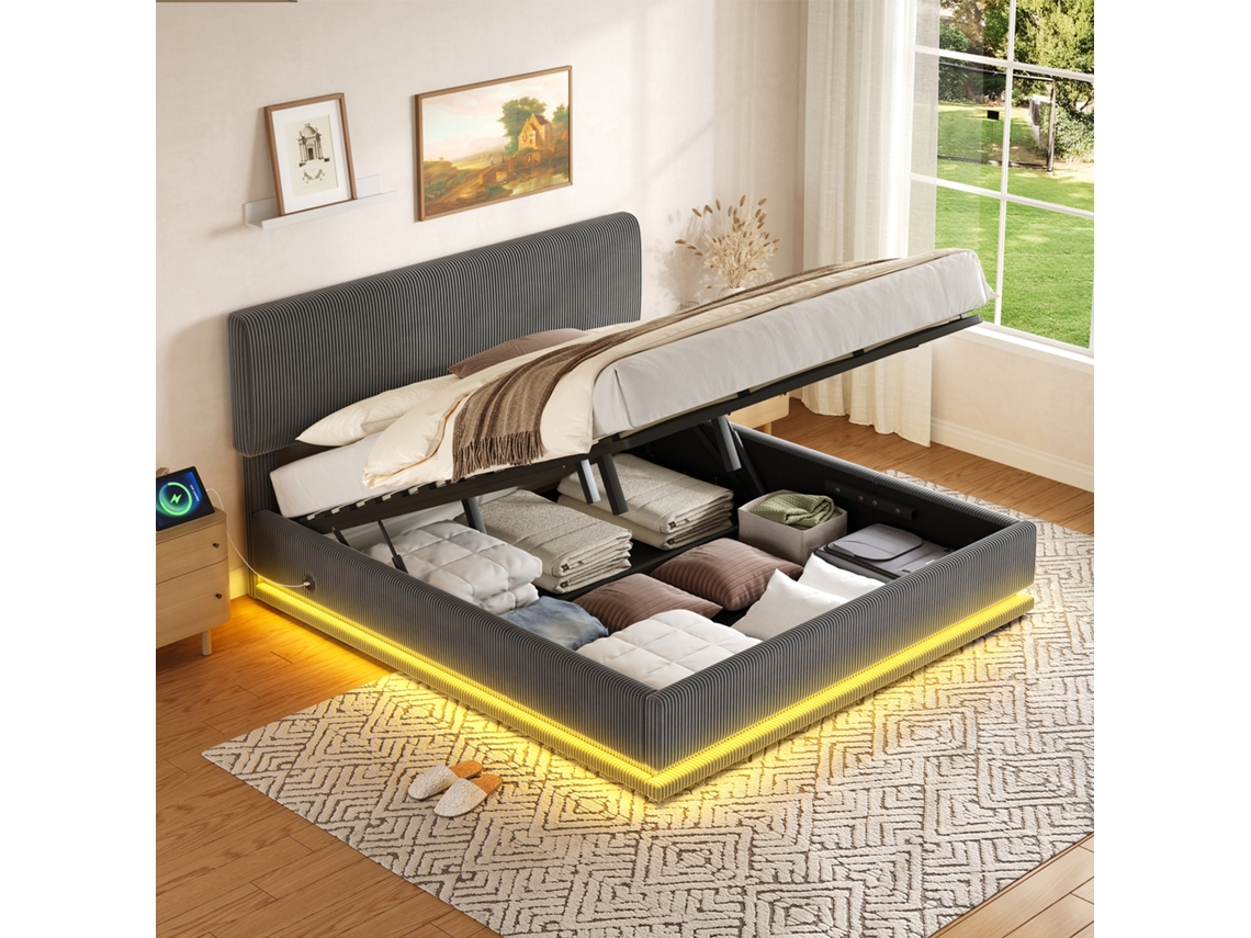 Cama Poltrona Moderna Led Usb-c Ajuste Altura Armazenamento 180x200 Cinza