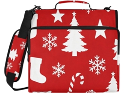 Pasta organizadora natalina vermelha com 3 argolas, 8 cm de altura e diversos bolsos com zíper, ideal para mesa e escola.