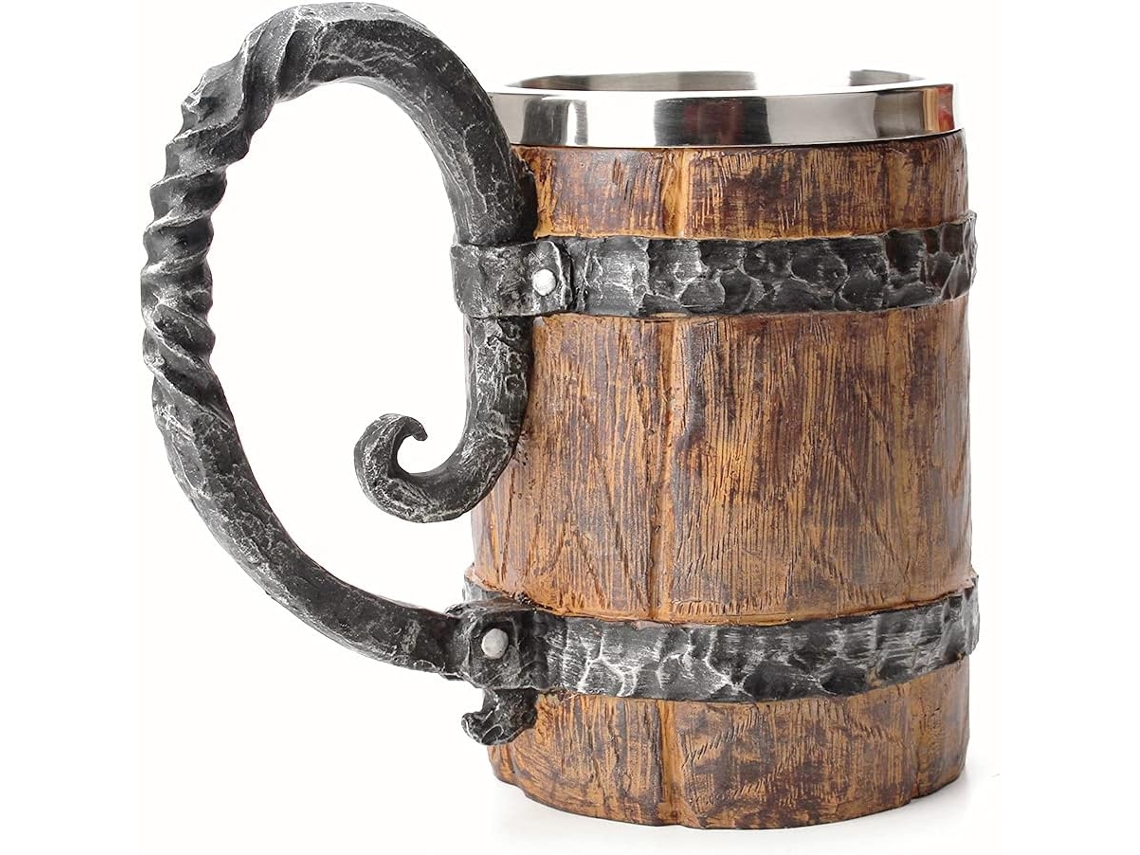 Caneca De Cerveja Vintage Otartu Em Imitação Madeira Carvalho, Café Medieval Retrô Viking Aço Inoxidável, 500 Ml Aquaforge (17 Oz)
