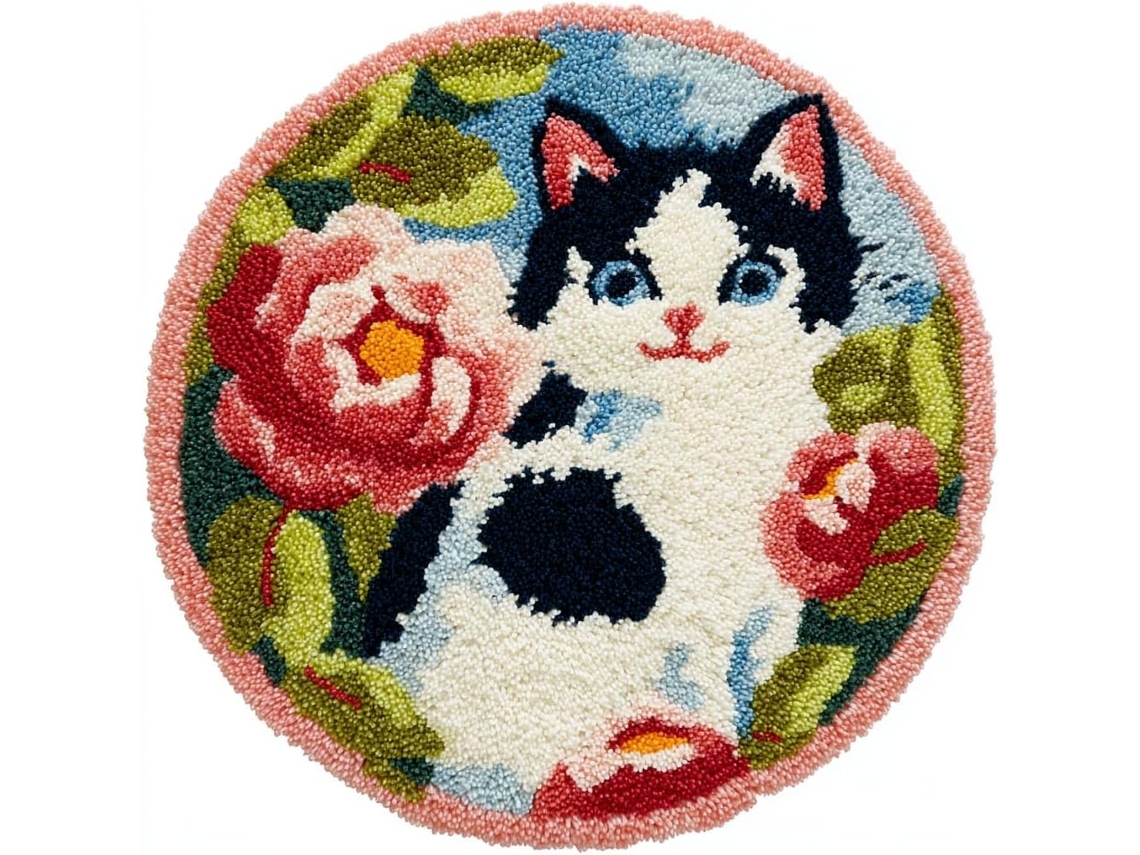 Kit Tapete De Crochê Faça Você Mesmo, Conjunto De Agulhas Crochê Com Estampa Gato E Flor Em Tela Impressa,