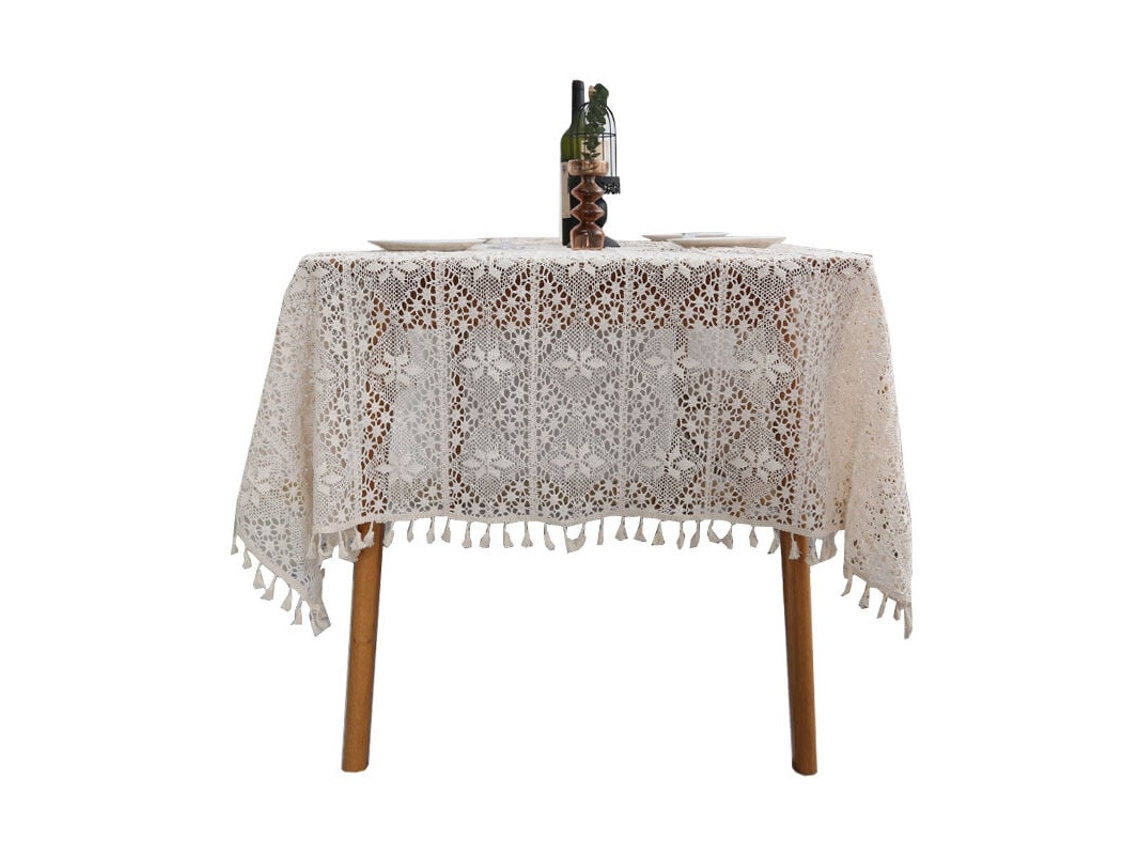 Toalha De Mesa Estilo Pastoral Em Fio De Algodão Em Crochê, Pompons Vazados, Bege - 60x60cm