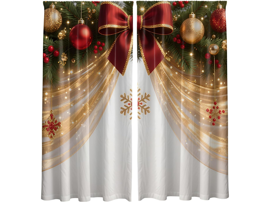 Cortinas Natalinas Genéricas | Conjunto De 2 Painéis Com Estampa Fundo Flocos Neve, Laços E Bolas, Cortinas Blackout