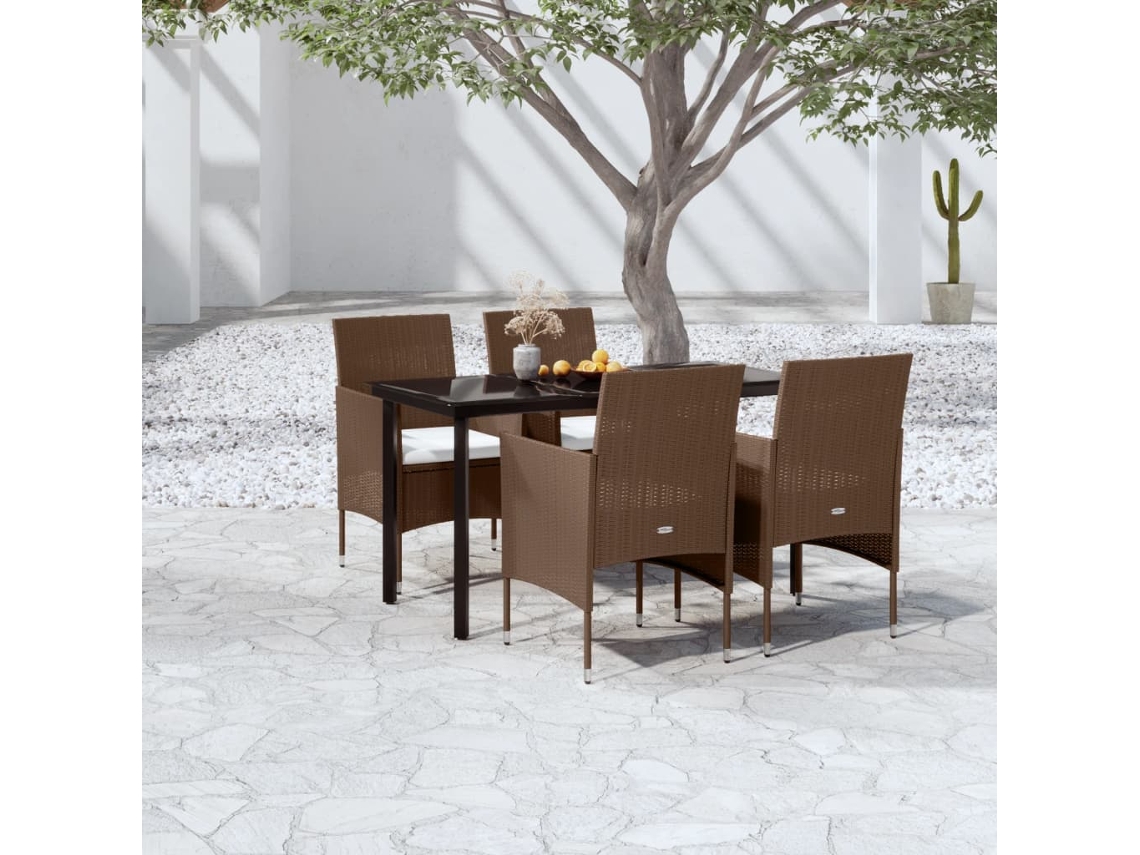 Vidaxl 5 Pcs Conjunto De Jantar P/ Jardim C/ Almofadões Castanho/preto