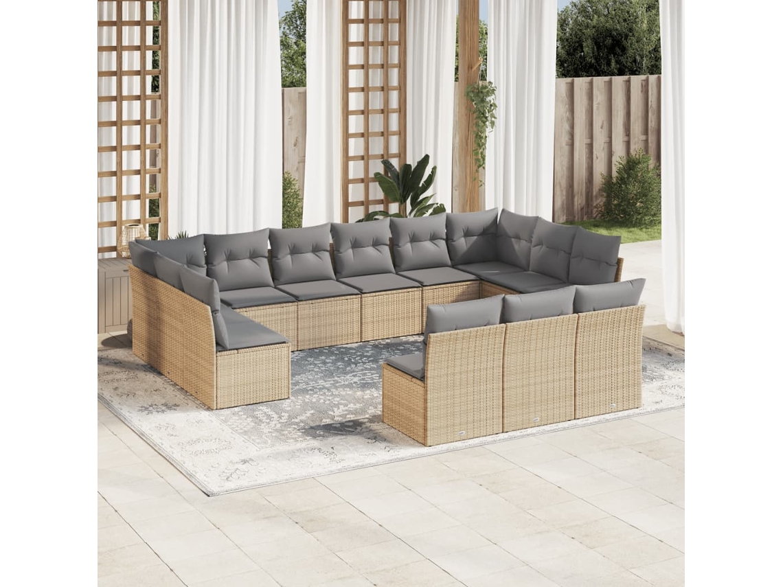Vidaxl 13 Pcs Conjunto De Sofás P/ Jardim Com Almofadões Vime Pe Bege
