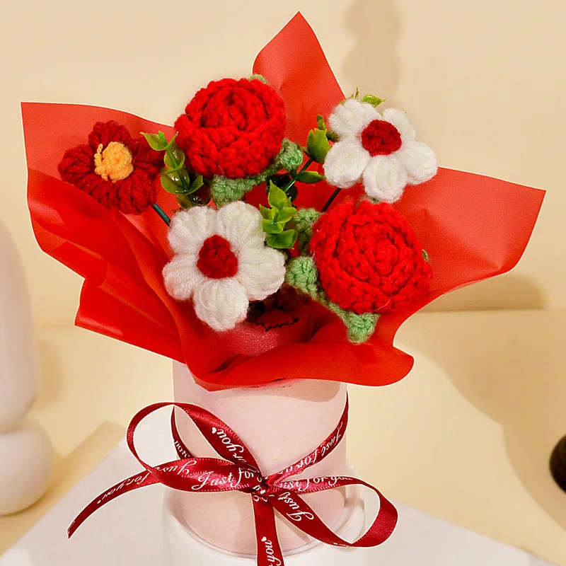 (vermelho) 1 Peça De Buquê De Rosas Feito À Mão Em Crochê, Tricotado Com Rosas E Margaridas.