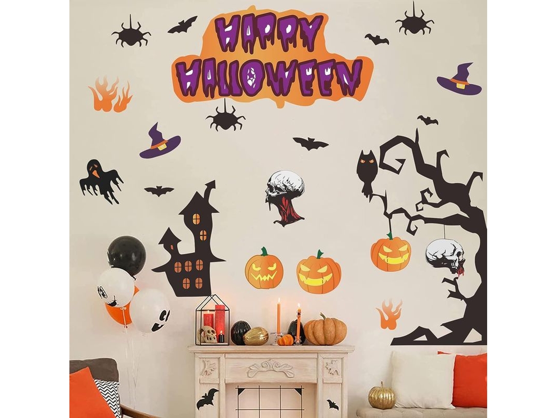 Decoraciones De Halloween Linjou Pegatinas Espeluznantes Para Pared, Suministros De Fiesta Con Calabazas, Murciélagos Y Brujas