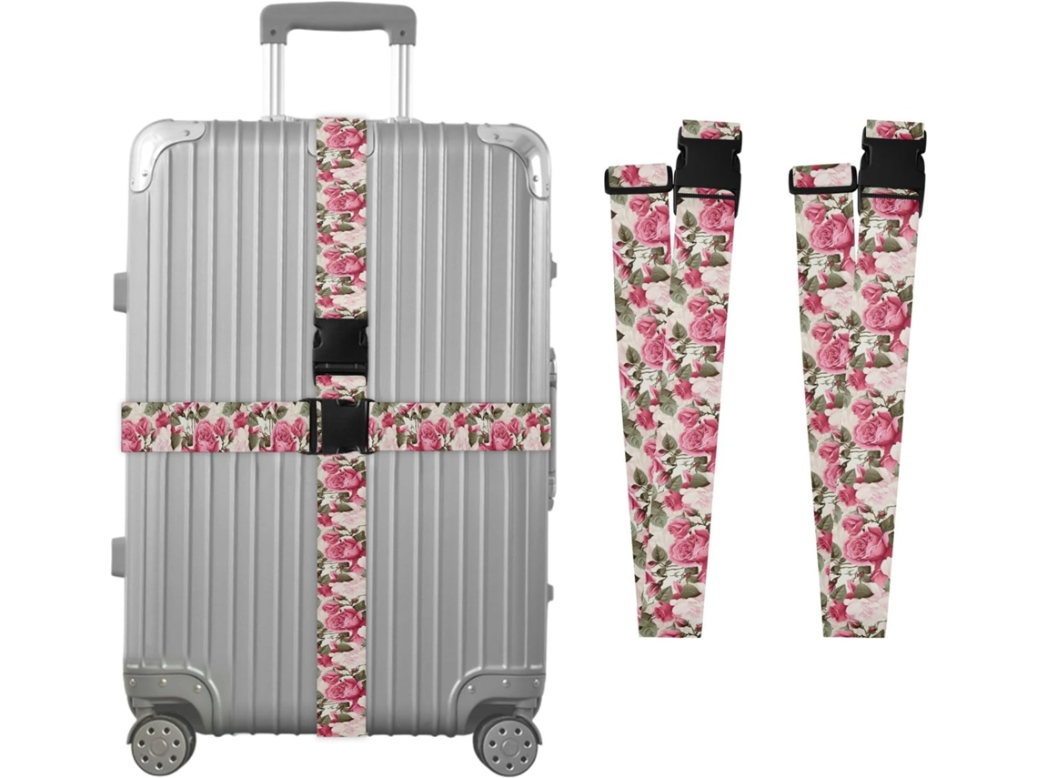 Conjunto De 2 Cintas Bagagem Com Estampa Rosas Cor Rosa Para Malas, Cintas De Viagem, Acessórios Para Cintos, Conector