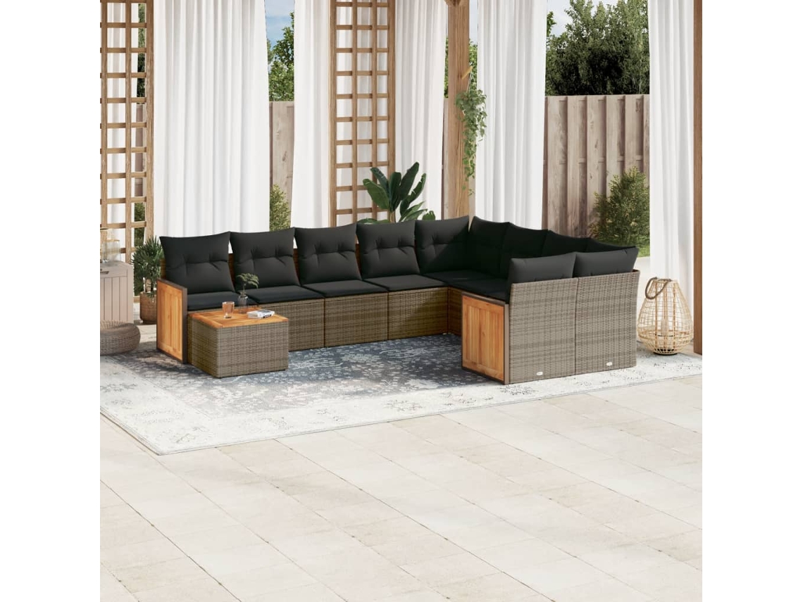 Vidaxl 10 Pcs Conjunto Sofás De Jardim C/ Almofadões Vime Pe Cinzento