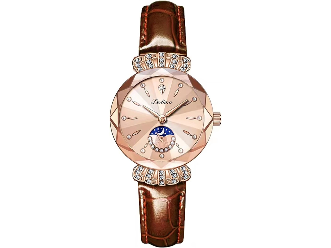 Lurelia Pulseira Para Relógio, Detalhes Com Strass, Fase Da Lua, Aço Inoxidável, Vidro Mineral, Resistente À Água, Rosa