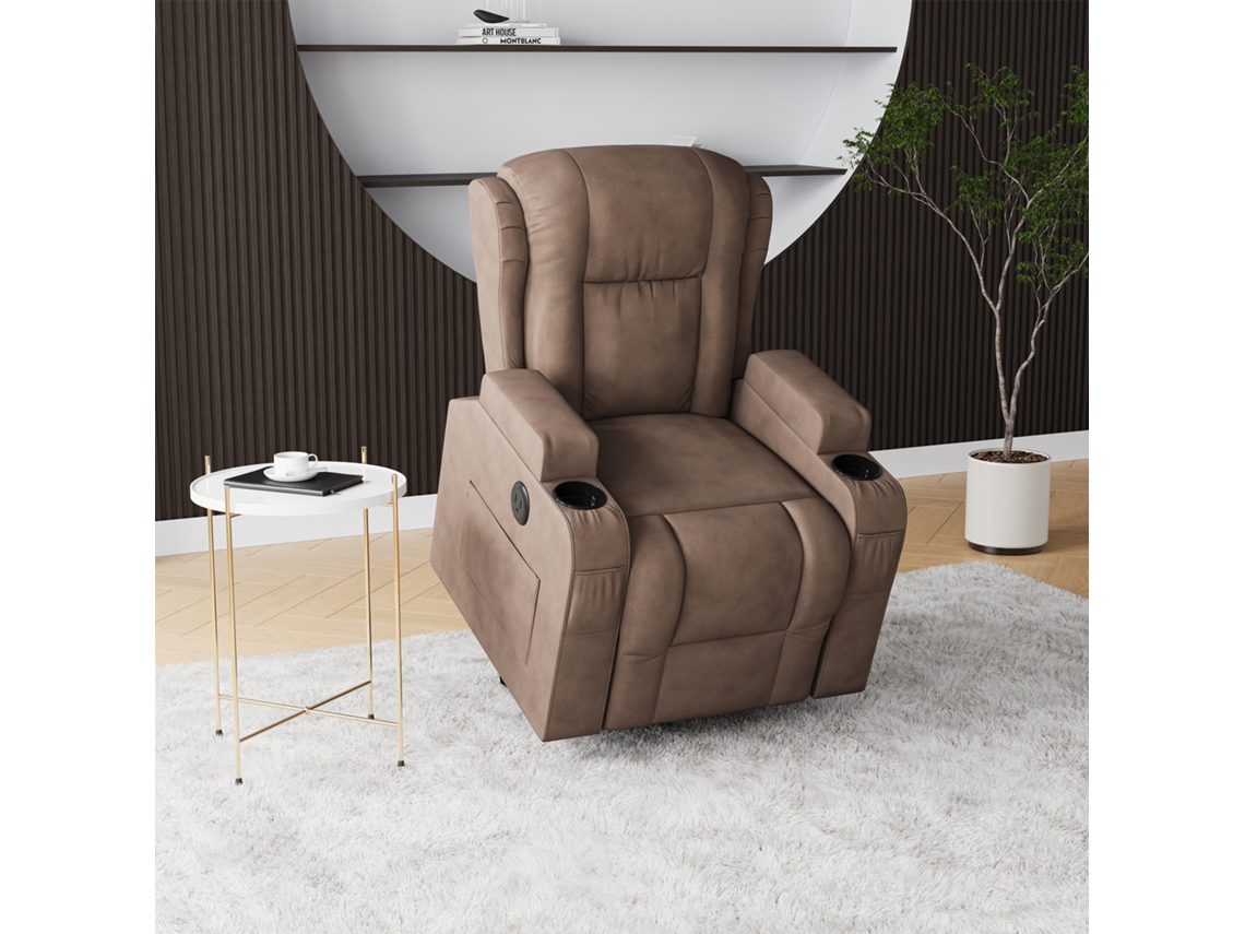 Cadeira de Massagem Elétrica SIMURQ Tecido Castanho Acolchoado 93x102x105cm Power Lift 8 Pontos com Aquecimento Usb Suporte Copos Sala Estar