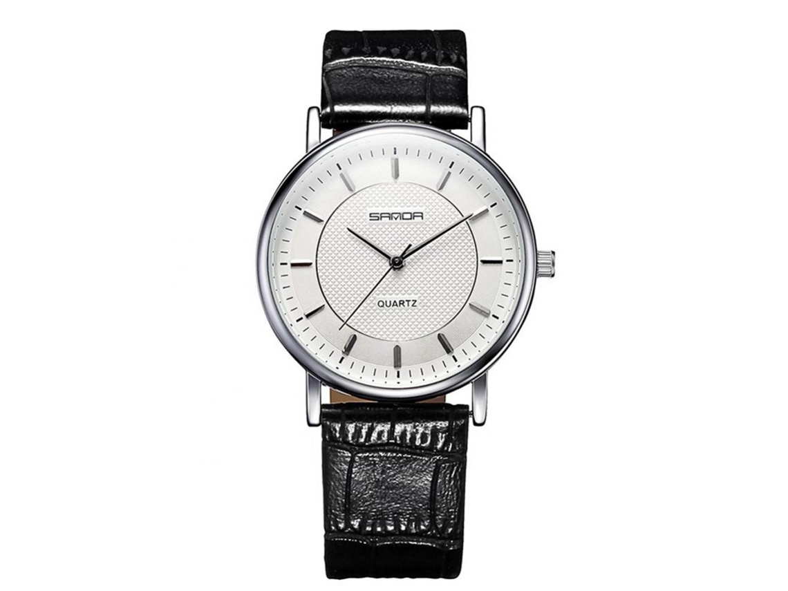 Relógio de quartzo para estudantes e casais, em couro PU (masculino, pulseira preta, caixa prateada, mostrador branco)