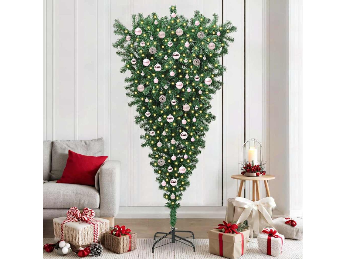 Vidaxl Árvore De Natal Artificial Pré-iluminada De Cabeça Para Baixo Com Conjunto De Bolas