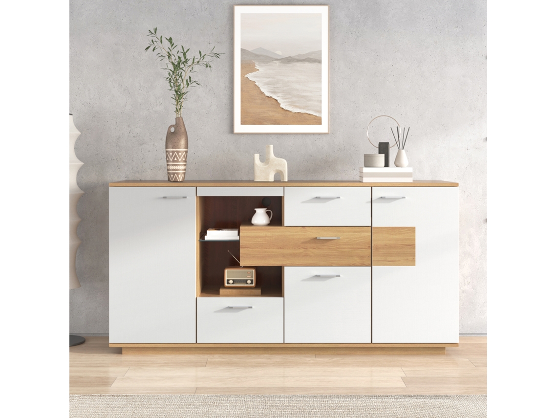 Buffet Moderno Com Led,160x40x77cm,2 Portas,4 Gavetas,prateleira De Vidro,visual Em Madeira,móvel Multifuncional Para Sala Mega Echo Trade Shop