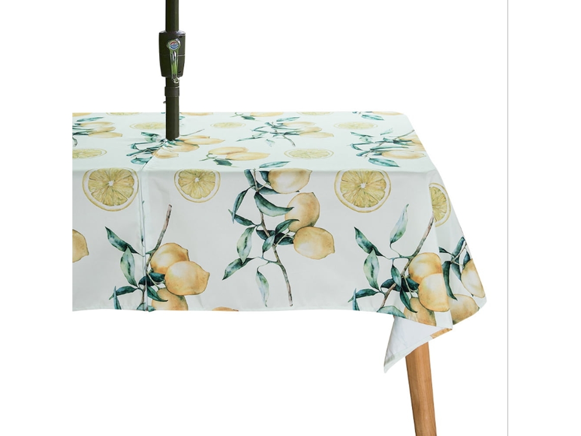 Toalha de mesa de poliéster impermeável e resistente a derramamentos, com zíper e orifício para guarda-sol, ideal para pátio, jardim, piqueniques e festas.