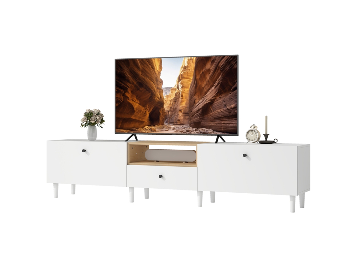 Cômoda De Tv De 200 Cm Para Tvs De Até 90 Polegadas, 2 Compartimentos De Aba, Compartimento Aberto, Gaveta, 8 Pernas, Placa, Branco