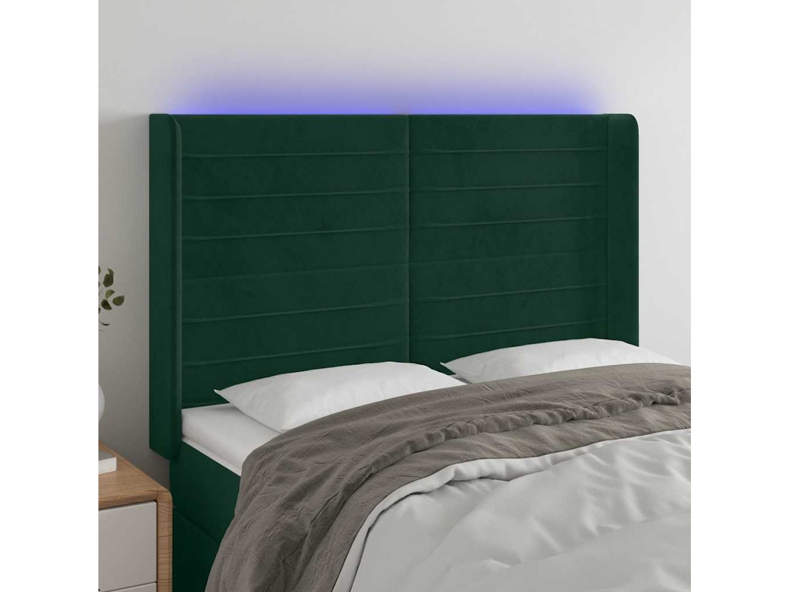 Vidaxl Cabeceira De Cama C/ Led Veludo 147x16x118/128 Cm Verde-escuro