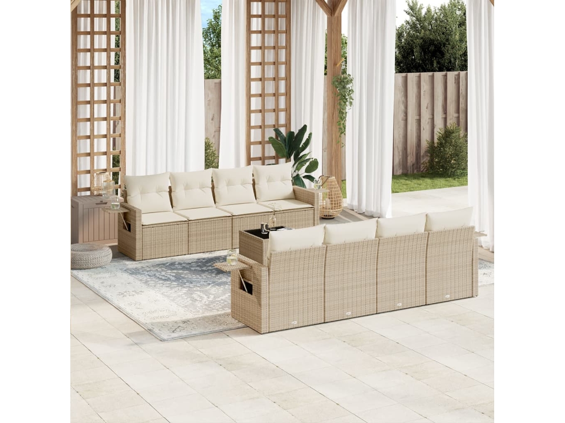 Vidaxl 9 Pcs Conjunto de Sofás P/ Jardim com Almofadões Vime Pe Bege