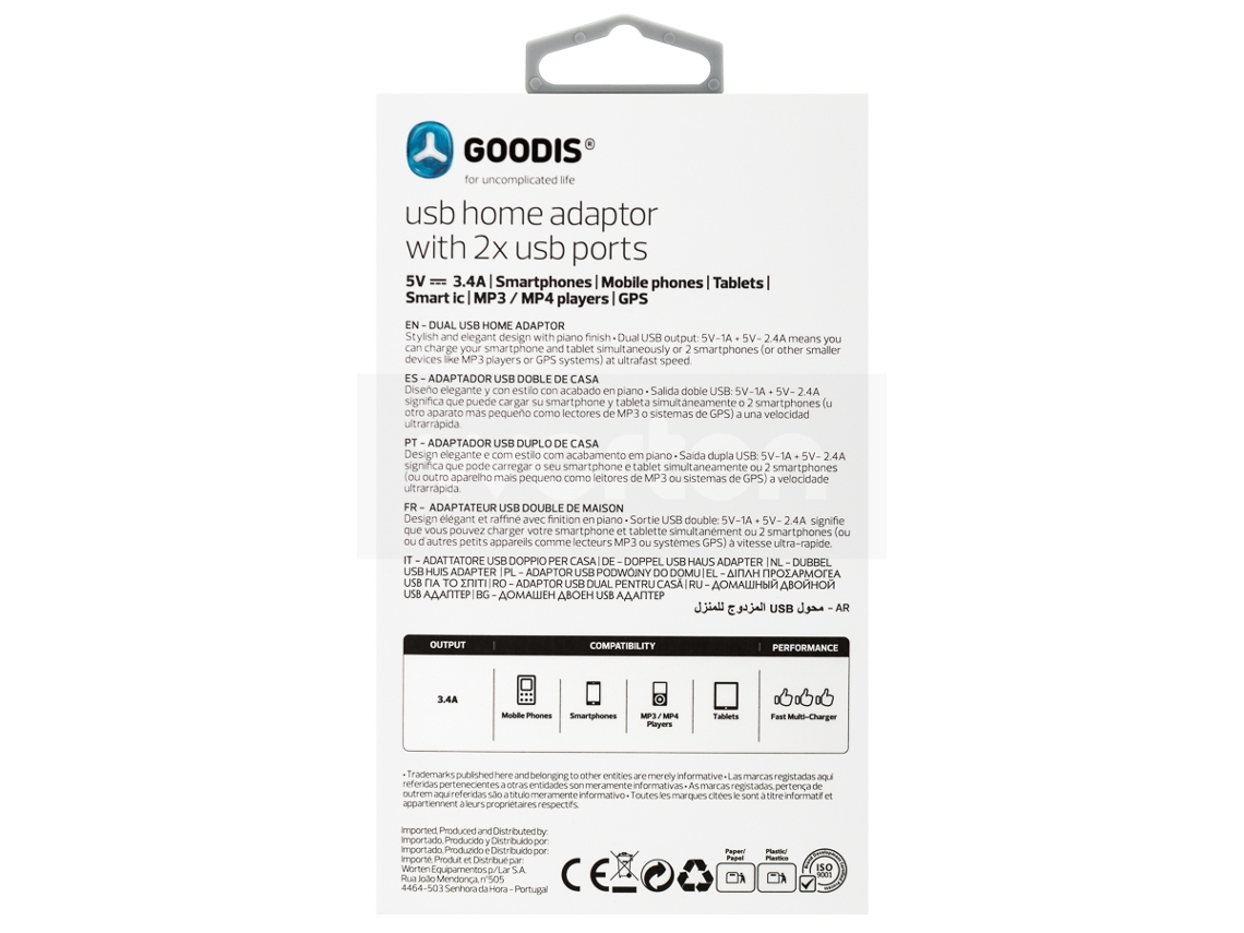 Adaptador Viagem GOODIS 2 USB 5V-3.4A Branco