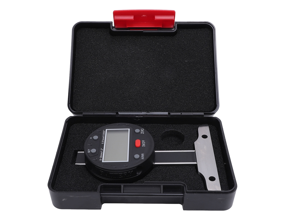 Medidor de profundidade digital eletrônico de alta precisão com visor LCD e portas USB, faixa de 0 a 30 mm.
