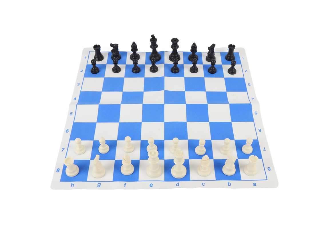 Conjunto De Xadrez Com Tabuleiro Pu Rolável 42cm E Peças De Plástico 75mm Com Feltro Azul E Branco