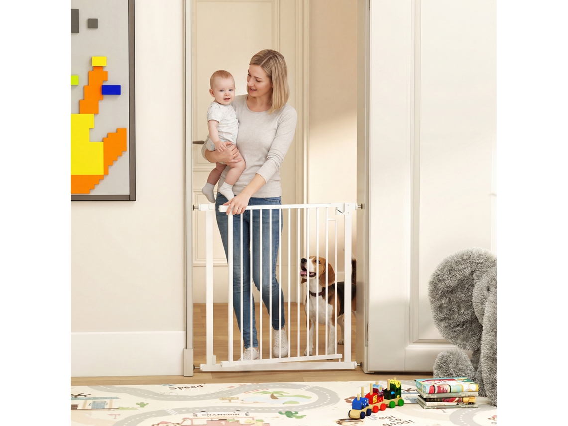 Portão De Segurança Ajustável Branco De 76 A 80 Cm Para Cães E Bebês, Com Extensão E Fixação Por Pressão Sem Necessidade De Furar