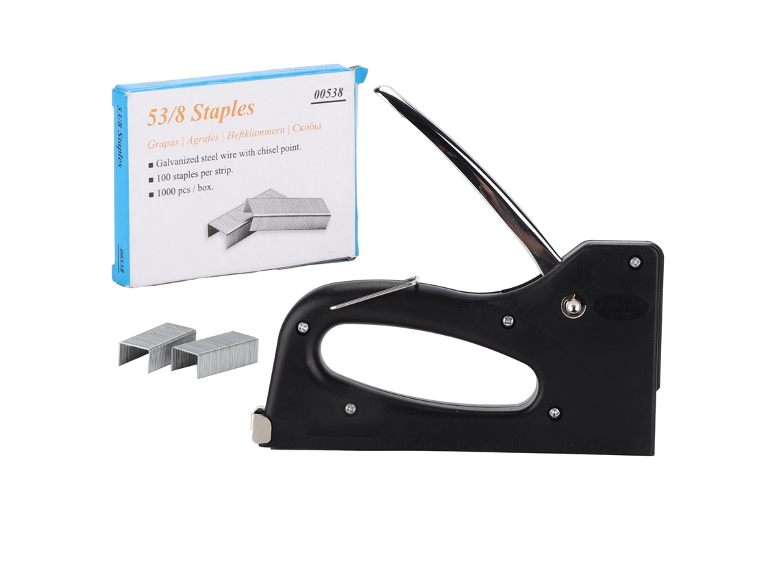 Grampeador leve com design ergonômico e trava de segurança para trabalhos de marcenaria e móveis.