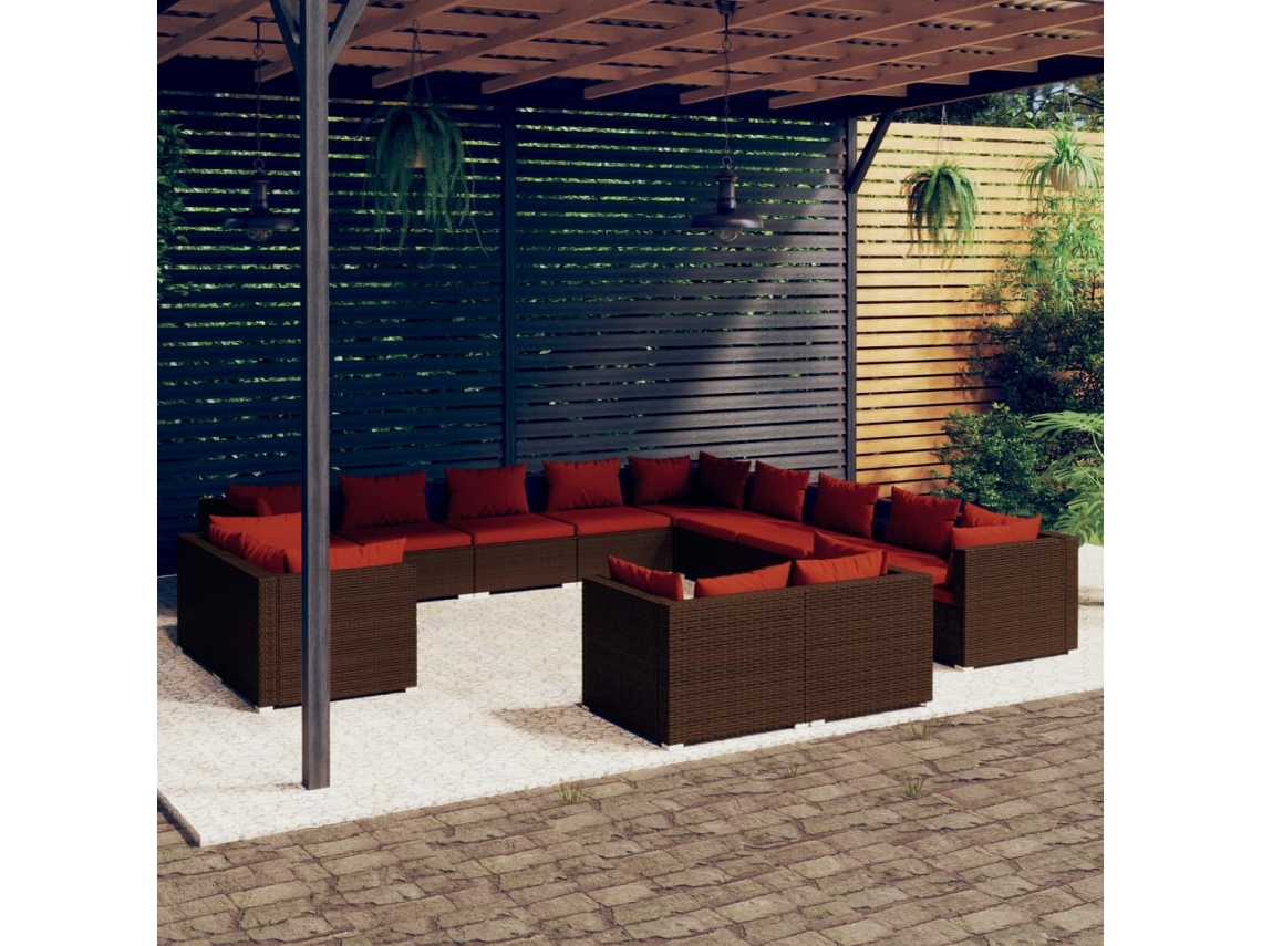 13 Pcs Conjunto Lounge Jardim C/ Almofadões Vime Pe Castanho Dkd Home Decor