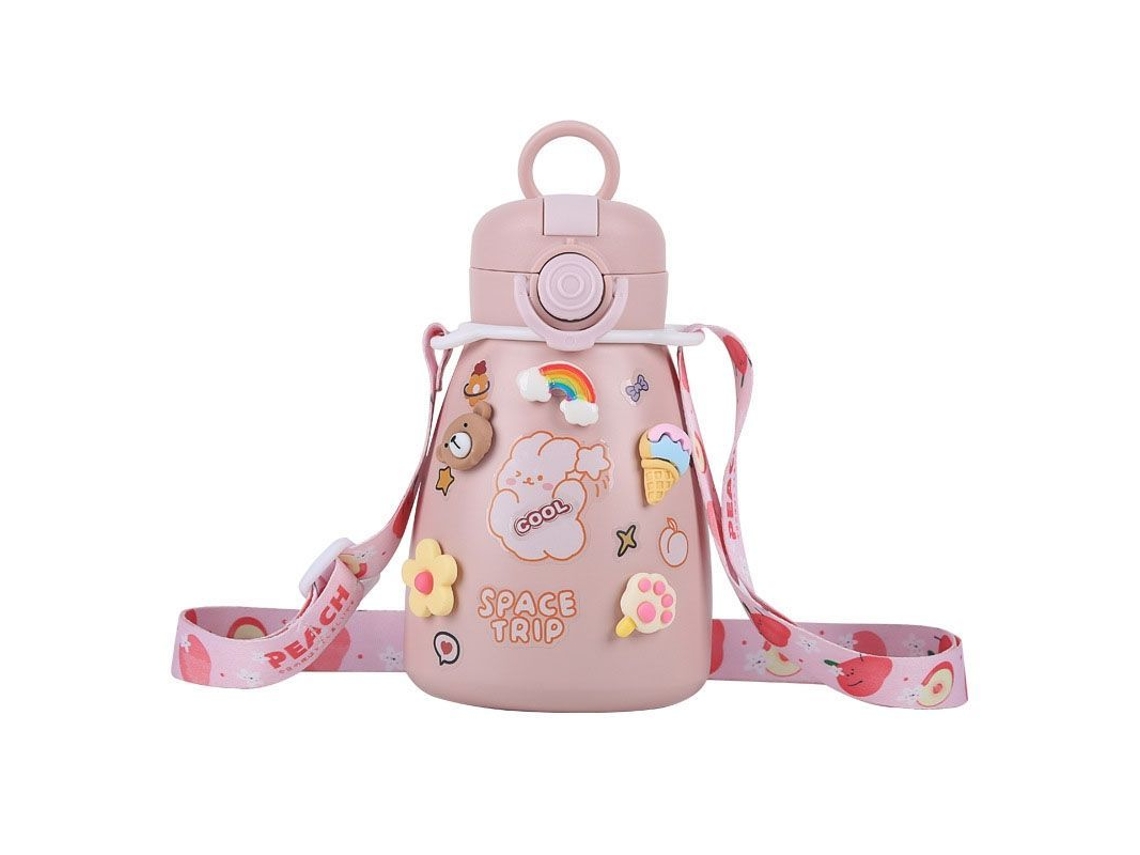 Nova Line garrafa Térmica Fria com Canudo e Copo Big Belly Isolado Kawaii (500ml, Rosa)