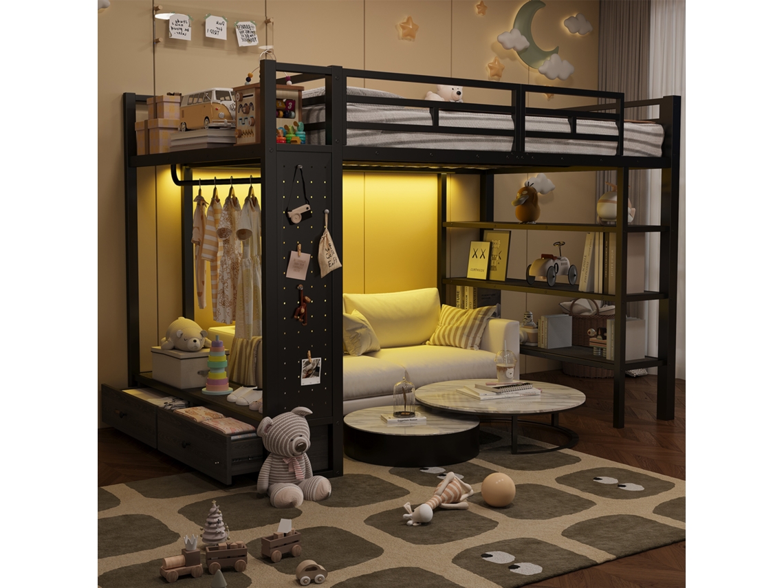 Cama Alta 140x200 Preto Com Armário Prateleiras Parede Furada Led