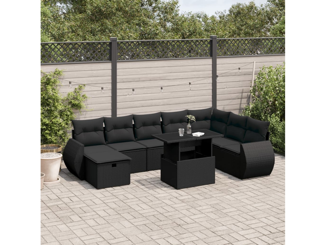9 Pcs Conjunto De Sofás P/ Jardim C/ Almofadões Vime Pe Preto Dkd Home Decor
