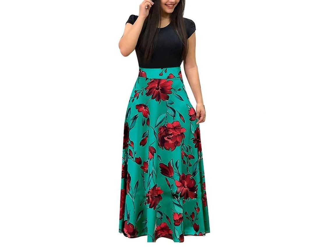 2026-vestido Largo De Manga Corta Con Estampado Floral Cuello Redondo Para Mujer Fiesta Playa M Verde
