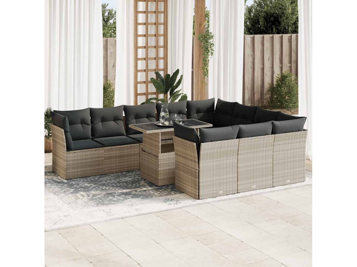 Vidaxl 11 Pcs Conjunto Sofás De Jardim C/ Almofadões Vime Pe Cinzento