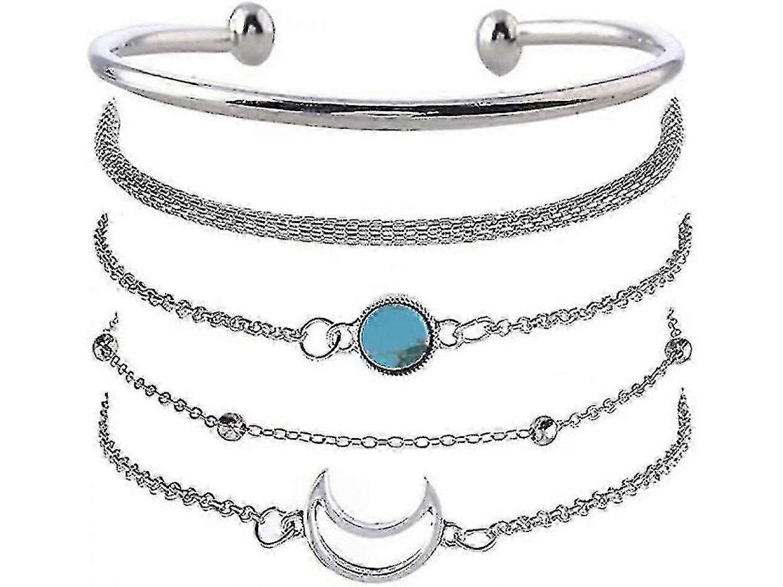 Conjunto De 5 Pulseiras Prateadas Em Formato De Lua Com Turquesa E Pérolas, Pulseira De Corrente Para Mãos Para Mulheres E Meninas. Nostalgia88