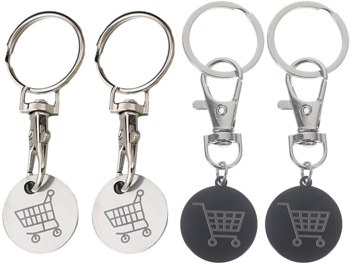 Chaveiro com fichas para carrinho de compras, conjunto de 4 peças, aço inoxidável