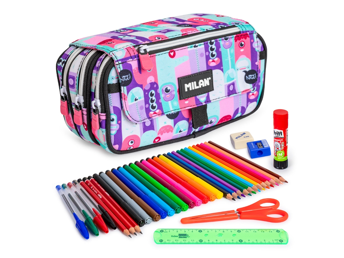 Estojo triplo Eco Milão com 3 zíperes e material escolar incluso. Alienígenas Colepack