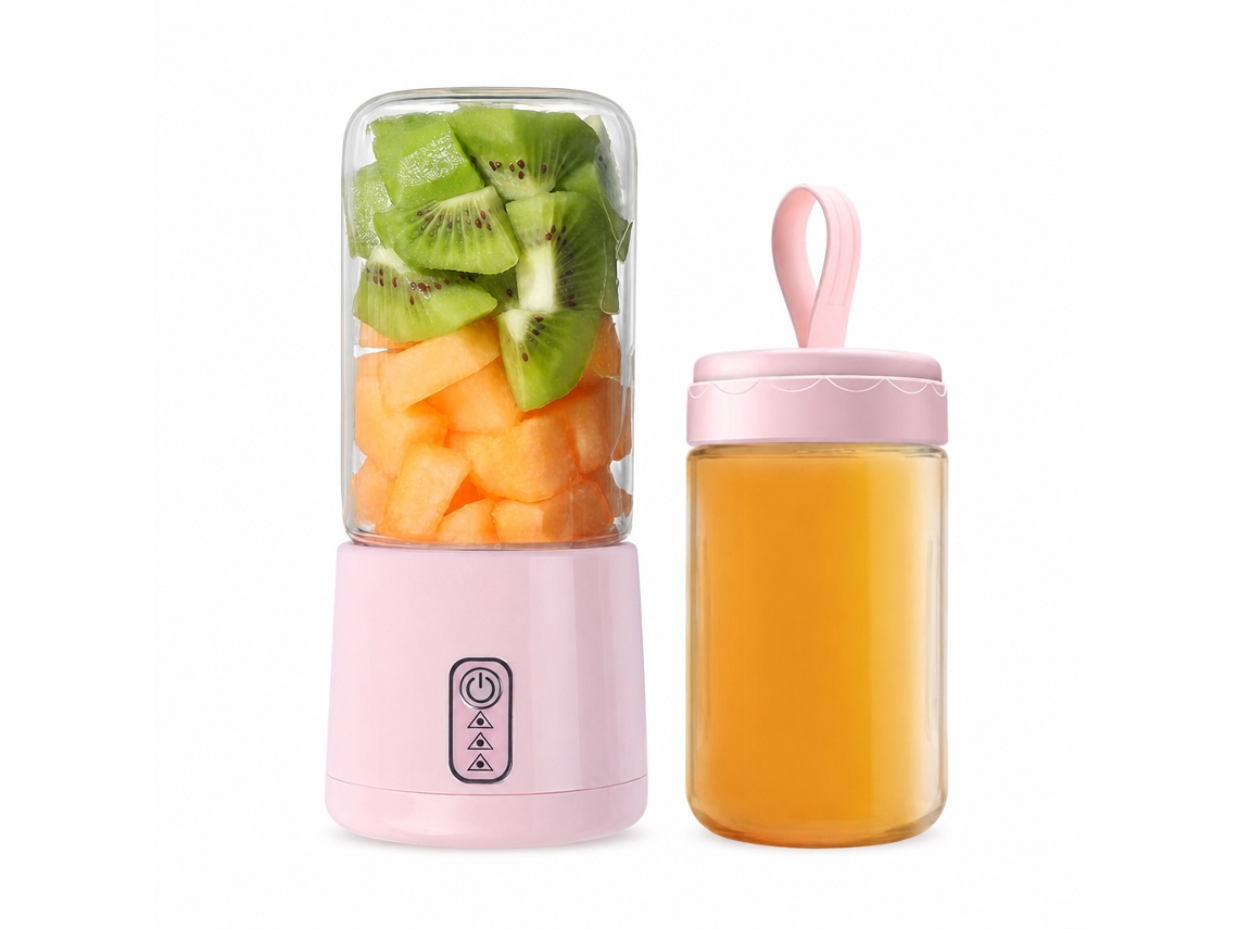 Liquidificadora Portátil Usb Recarregável, 4 Lâminas, Conjunto Com 2 Copos De Vidro 300 Ml, Rosa Cerejeira