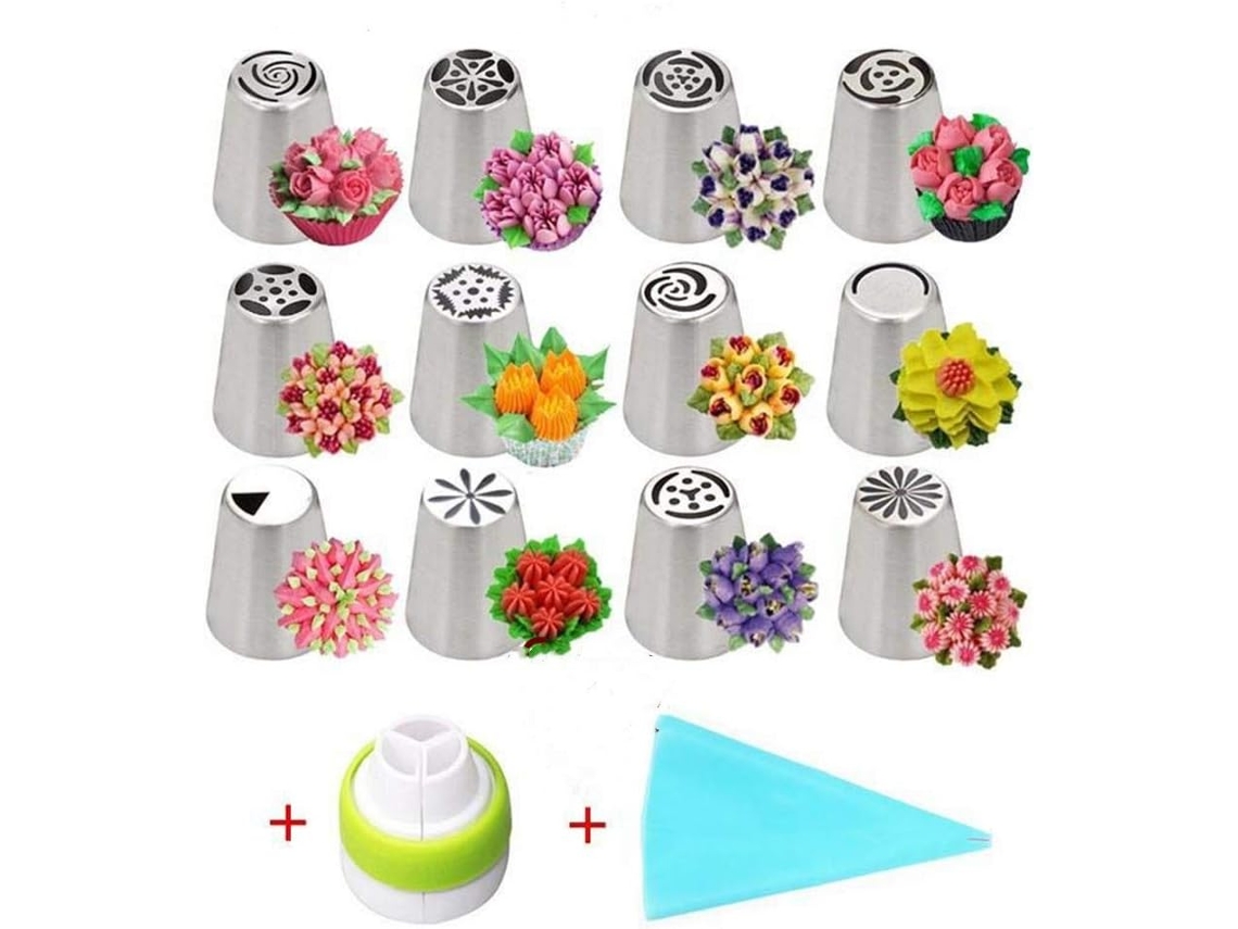 Bicos De Confeiteiro Russos 14 Peças Conjunto Para Decoração De Bolos Adaptadores E Sacos Acessórios Profissionais Para Cupcakes E Cookies