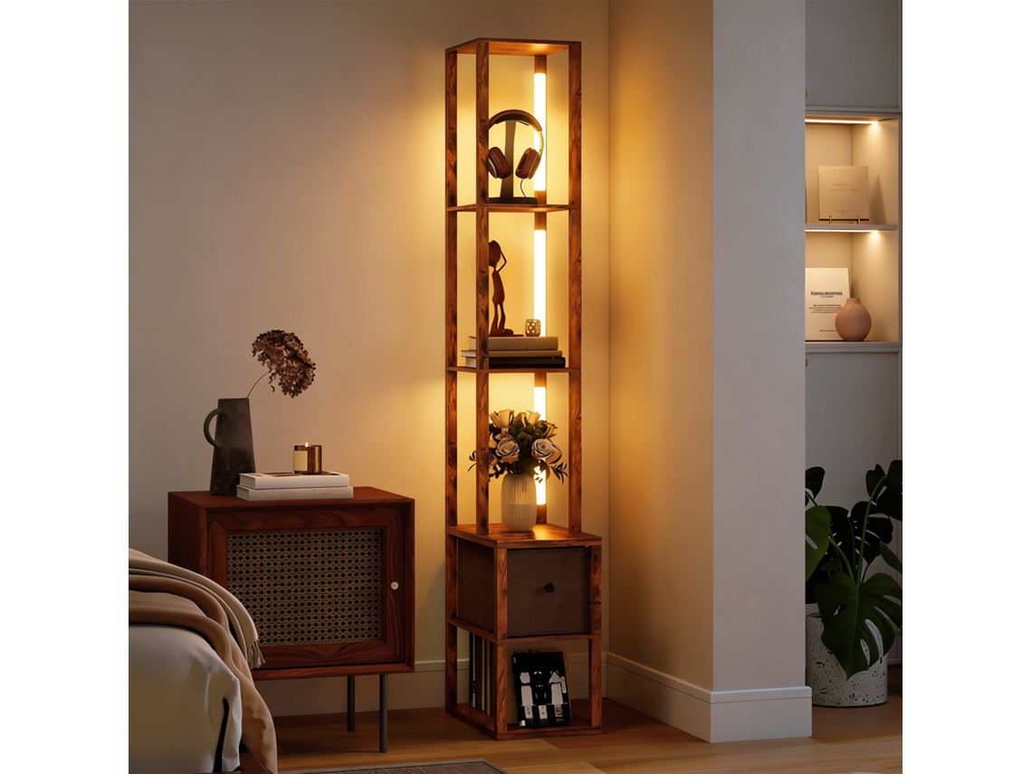 Led Floor Lamp With Shelves Adjustable Brightness Foot Switch For Bedroom Rustic Brown