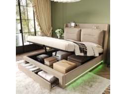 Cama de Veludo Bege com Dimensões de 180x200 Cm, com Arrumação, Luzes Led Laterais, 2 Gavetas e Estrado de Ripas. Colchão Não Incluído. VSOGA