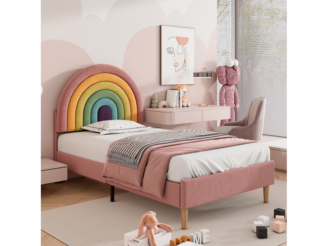 Cama Infantil 90x200 Cm, Cabeceira Ajustável, Estrado de Ripas de Madeira, Veludo Rosa, Fácil Montagem. VSOGA
