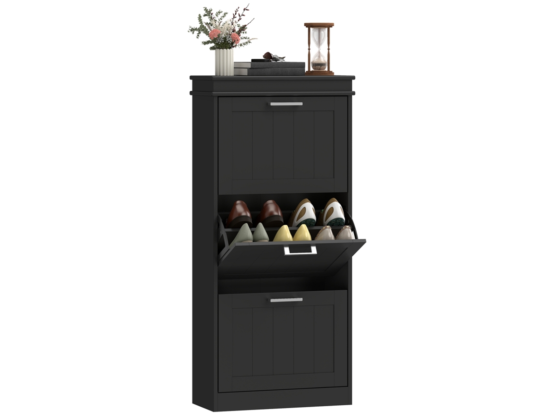 Sapateira com 3 Portas Basculantes para 15 Pares de Sapatos, Prateleiras Ajustáveis, 54 X 24 X 117,5 Cm, Preta. ESSÊNCIACASA